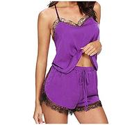 LAOLUO Ensemble de Pyjama Satin Femme Dentelle Caraco et Short 2PC Bretelles Chemise de Nuit Lisse Confortable Doux sous-vêtements et Culotte Deshabillés Grande Taille Sexy Col V Home Nuisettes