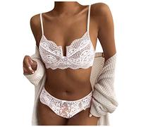 LAOLUO Ensemble Lingerie Feminin Sexy 2 Pieces Dentelle Floral Erotique Transparent Évider Pyjamas Tenues Temptation Bretelles Push Up Soutien-Gorge et Culottes Col en V Vêtements de Nuit Femme