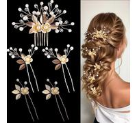 LAOYEFACAI 5 pièces d'accessoires de bijoux de mariée Perles Bandeau à feuilles en strass Barrettes à cheveux en cristal Accessoires de cheveux faits main pour mariées et demoiselles d'honneur