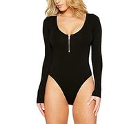LaoZan Femmes Devant Zippé Manches Longues Slim Body Justaucorps Jumpsuit Combinaisons Collant Haut Noir 3XL