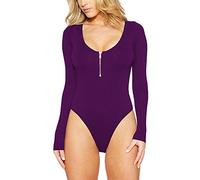 LaoZan Femmes Devant Zippé Manches Longues Slim Body Justaucorps Jumpsuit Combinaisons Collant Haut Violet 3XL