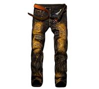 LaoZan Hommes Vintage Jeans Décontractée Denim Pantalon Slim Fit Déchiré Patché Jaune 40