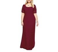 LaoZan Robe De Cocktail en Dentelle Longue De Soirée Rétro Vintage Col Rond Manches Courtes Maxi Robe pour Femme Vin Rouge 2XL
