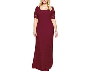 LaoZan Robe De Cocktail en Dentelle Longue De Soirée Rétro Vintage Col Rond Manches Courtes Maxi Robe pour Femme Vin Rouge 2XL