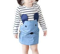 LaoZan Vêtement Enfant Fille Robe Manches Longues Chemise Rayé Impression Dessin Animé Princesse Robe Marine 140CM
