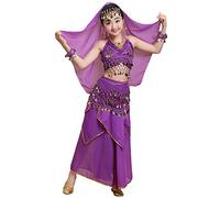LaoZan Vêtements de Danse pour Enfants Filles Maxi Jupe Indienne Danse du Ventre Performance Tenues Déguisement (Violet Foncé(3Pcs), Asia M)