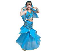 LaoZan Vêtements de Danse pour Enfants Filles Maxi Jupe Indienne Danse du Ventre Performance Tenues Déguisement (Lac Bleu(4Pcs), Asia XL)
