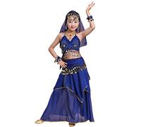 LaoZan Vêtements de Danse pour Enfants Filles Maxi Jupe Indienne Danse du Ventre Performance Tenues Déguisement (Saphir(3Pcs), Asia XL)