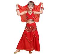 LaoZan Vêtements de Danse pour Enfants Filles Maxi Jupe Indienne Danse du Ventre Performance Tenues Déguisement (Rouge(3Pcs), Asia XL)