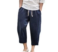 LaoZanA Homme 3/4 Shorts Bermudas Pantalon Sarouel Taille Elastique Baggy Large Pantacourt Décontracté Léger Pantalon en Lin Marine L