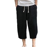 LaoZanA Homme 3/4 Shorts Bermudas Pantalon Sarouel Taille Elastique Baggy Large Pantacourt Décontracté Léger Pantalon en Lin Noir L