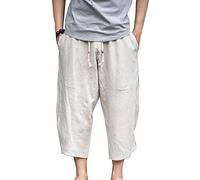 LaoZanA Homme 3/4 Shorts Bermudas Pantalon Sarouel Taille Elastique Baggy Large Pantacourt Décontracté Léger Pantalon en Lin Beige L