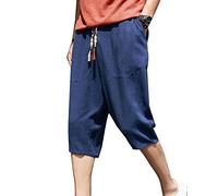 LaoZanA Homme Pantacourt Pantalon en Lin Large Sarouel Décontracté Léger Confortable Respirant Shorts Bermudas Marine L