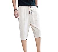 LaoZanA Homme Pantacourt Pantalon en Lin Large Sarouel Décontracté Léger Confortable Respirant Shorts Bermudas Beige M