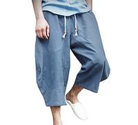 LaoZanA Homme Sarouel 3/4 Shorts Bermudas Pantalon Taille Elastique Baggy Large Pantacourt Décontracté Léger Pantalon en Lin Bleu Gris XL