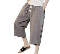 LaoZanA Homme Sarouel 3/4 Shorts Bermudas Pantalon Taille Elastique Baggy Large Pantacourt Décontracté Léger Pantalon en Lin Gris XL