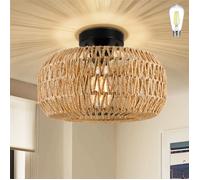 Lapamax Plafonnier Boho Suspendu avec abat-jour en rotin - LED Lustre Vintage en Bambou - 60W - Luminaire pour Salon Chambre