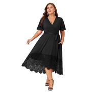 LapaPlus Robe de mariage pour femme grande taille, élégante, col en V, manches courtes, dentelle, ourlet fluide, robes de cocktail avec poches, Noir , 4XL Grande taille