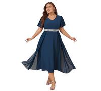 LapaPlus Robe de soirée formelle en mousseline de soie à paillettes pour femmes - Grande taille - Robe élégante à col en V - Robe de cocktail pour mariage, banquet, bleu marine, 5XL Grande taille