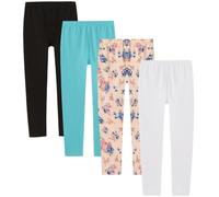LAPASA Leggings Fille Lot de 4 Uni & à Motifs Collants 3-13 Ans Extensible Doux Danse Gym G11 Noir, Turquoise, Fleurs, Blanc 9-10 Ans