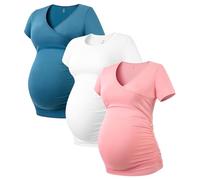 LAPASA Lot de 3 T-Shirts de Maternité Femme Vêtements de Grossesse Maillot de Corps Enceinte Manches Courtes L55 1 Bleu Foncé, 1 Blanc Cassé, 1 Rose S