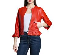Laphilo Veste courte pour femme en simili cuir Bolero avec fermetures éclair à manches longues, veste sans col cod. 7720, Code 598 rouge, L