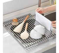 Laphontab Égouttoir à vaisselle en acier inoxydable au-dessus de l'évier, tapis d'égouttement, pliable, organisateur de cuisine pour porte-torchons, fruits, légumes (Gris (43 x 35 cm))