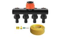 Lapiglo Répartiteur d'eau à 4 voies avec interrupteurs individuels, pour tuyau d'arrosage robuste en plastique, irrigation efficace, avec tuyau et connecteurs supplémentaires, noir/orange