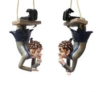 Lapiglo Statue de jardin balançoire en résine - Décoration de fée à suspendre - Décoration d'extérieur - Figurine noire réaliste - 6,5 x 7,5 x 12,9 cm