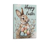 Lapin animal à côté des œufs de Pâques avec texte en arrière-plan Poster moderne Décoration murale sur toile Esthétique 20 x 30 cm Style cadre