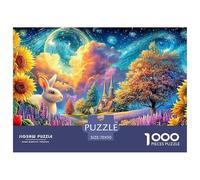 Lapin Blanc au Milieu de tournesols, église et Tourbillon Ciel Puzzle De 1000 Pièces Lapin Mignon Défi De Jeu d'esprit pour Toutes Les Âges 70x50cm/1000pcs