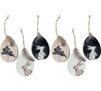 Lapin dans l'oeuf Pendentif oeuf de Pâques en bois Décoration de Pâques nostalgique Blanc Noir 10cm 6pcs