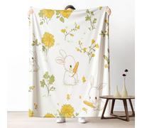 Lapin de Dessin Animé Couverture Polaire 130x150 cm, Petit Plaid Mignon Animal Fleur Plante Carotte, Doux Légère Couverture Lit 1 Personne Jeté de Canapé en Flanelle pour Fille Garçon Adulte Enfant