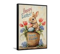 Lapin de Pâques Tulipes Toile Art mural Printemps Images florales Impressions d’œuvres d’art Rustique Style Ferme Affiches Peinture Décor intérieure Design vintage 60x92cm avec cadre noir