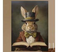 Lapin drôle de style vintage lisant un livre sur toile, art mural fantaisiste de Pâques en chapeau haut de forme et nœud papillon, affiches imprimées (50 x 70 cm/cadre intérieur)
