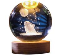 Lapin gravé à la boule de cristal ＆ Lauteur de boule de lune Lumière en cristal 3d lampe à balle cristalline 2,4 '' globe en verre avec base en bois pour la fille fille, ornements de collection à bal