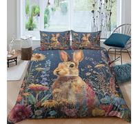 Lapin in flowers Parure de Lit Microfibre Hypoallergique 3 pièces Imprimé en 3D Confortable Nuit fantaisie garden Housse de Couette avec 2 Taies d'oreiller Super Douce for Enfant Single（140x200cm）