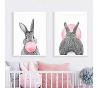 Lapin Lapin Imprimer Rose Bubble Gum Affiche Minimaliste Toile Peinture Bébé Animaux Mur Art Pépinière Enfants Chambre Décoration Photos/50x70 cm x 2 Pcs-Pas de Cadre