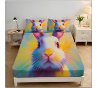 Lapin Mignon Drap Housse Microfibre 90x190x30cm Housse De Matelas 30 Cm Profondeur pour Matelas épais, Portrait Animalier À L'Aquarelle Draps Housses Doux, Multicolore