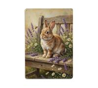 Lapin moelleux sur banc de jardin avec plaque en métal lavande | Plaque murale ronde de style vintage de 20,3 x 30,5 cm pour café, club, bar, bureau, maison, jardin, porte d'entrée