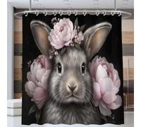 Lapin Portant Une Coiffe De Pivoines Rideau De Douche 200*200cm, Portrait D'Animal Vintage Rideaux De Douche Pour Salle De Bain, Imperméable Lavable Rideaux Salle De Bain Avec Crochets Pour Baignoire