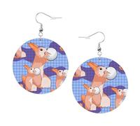 Lapin tenant la boule Boucles d'oreilles rondes en cuir PVC imprimé double face avec crochets plaqués argent 925, taille unique, argent sterling, pierre d'or, One Size, Argent sterling, goldstone