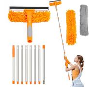 Lapluied 3,1M Nettoyeur de Vitre 3-en-1 Kit Nettoyage Vitre avec Raclette en Silicone et Brosse en Microfibres, Raclette Vitre Professionnel, Lave Vitre Telescopique avec Tête Rotative 270° Orange