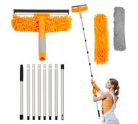 Lapluied 4M Nettoyeur de Vitre 3-en-1 Kit Nettoyage Vitre avec Raclette en Silicone et Brosse en Microfibres, Raclette Vitre Professionnel, Lave Vitre Telescopique avec Tête Rotative 270° Orange