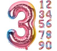 LAPONO Ballons Anniversaire 3 ans, 83cm Arc en Ciel Geant Ballon Chiffre Helium Ballon Vole Gonflable Numéro Decoration Aluminium pour Fille Garcon Enfant Décorations de Fêtes D'anniversaires