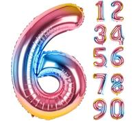 LAPONO Ballons Anniversaire 6 ans, 83cm Arc en Ciel Geant Ballon Chiffre Helium Ballon Vole Gonflable Numéro Decoration Aluminium pour Fille Garcon Enfant Décorations de Fêtes D'anniversaires