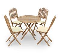 LAPOOH Ensemble de salle à manger de jardin pliable 5 pièces avec table et chaises en bambou avec coussins