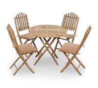 LAPOOH Ensemble de salle à manger de jardin pliable 5 pièces en bambou avec coussins, table et chaises, table et chaises de jardin, meubles de jardin, meubles de jardin