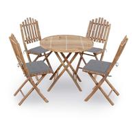 LAPOOH Ensemble de salle à manger de jardin pliable 5 pièces, table terrasse extérieure et chaises, ensemble table et chaises en bambou avec coussins