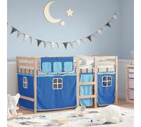 LAPOOH Lit mezzanine pour enfants avec rideaux en bois de pin bleu 90 x 200 cm, base de lit, structure de lit, cadre de lit, cadre de lit, lit juvénile, lit jeune, lit chambre à coucher, sommier
